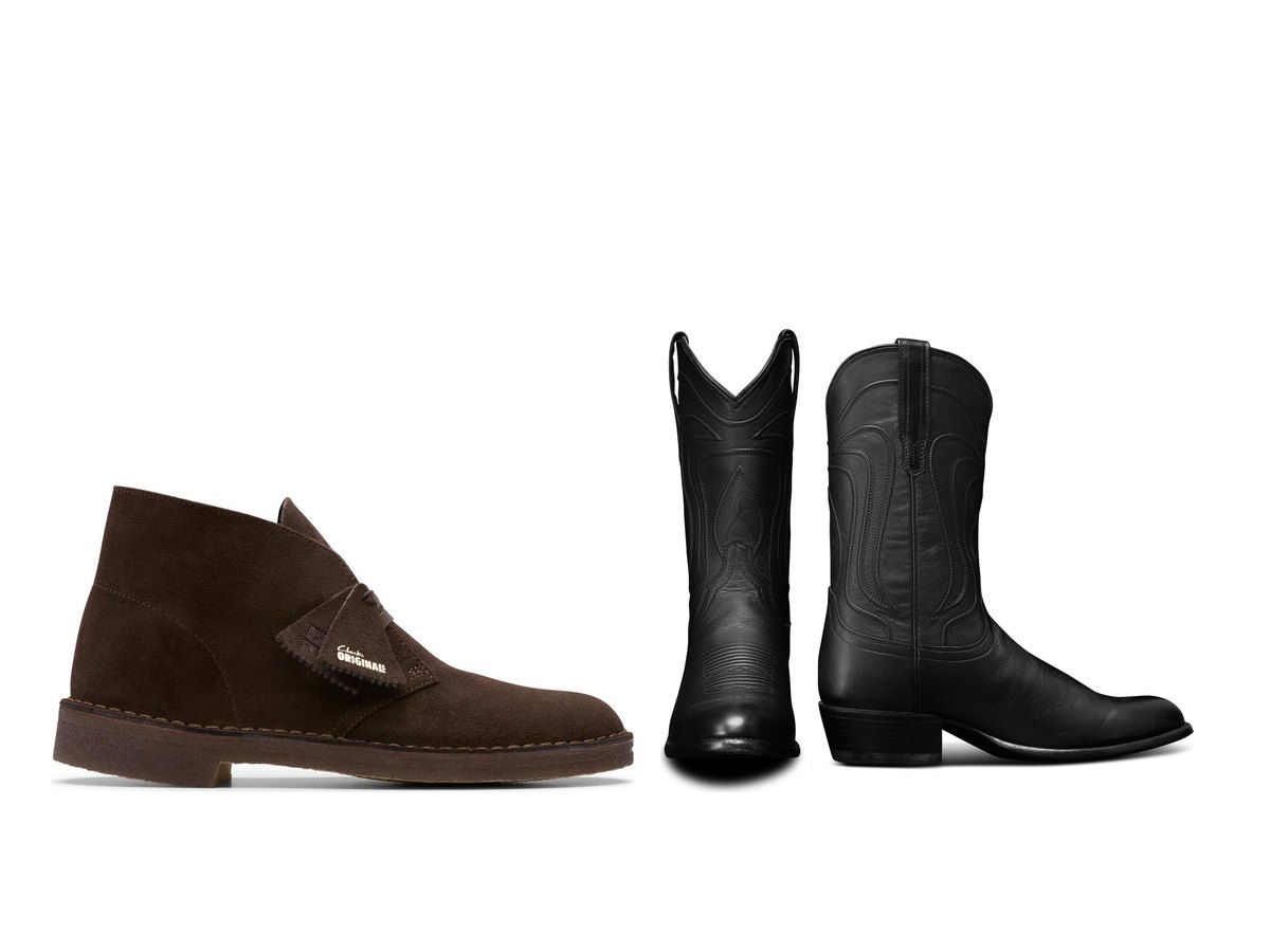 Clarks Desert Boot in brown suede next to Tecovas Cartwright black cowboy boots
